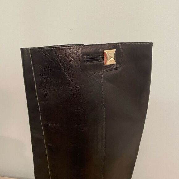 Kate Spade Knee High Boots Black Leather Made Italy Size 7 Gold Heel Equestrian - Picture 8 of 12